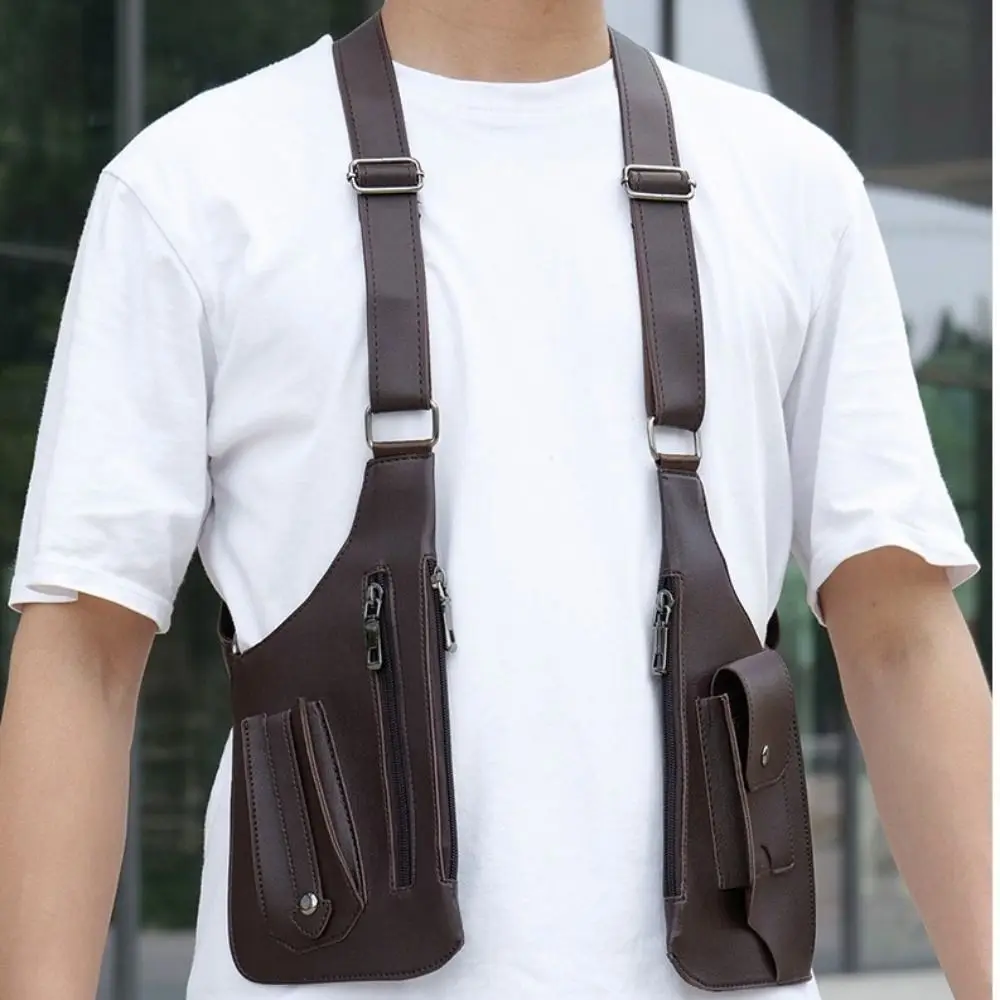 Leather Strap Underarm Strap Wallet Pocket Vintage Double Hidden Pocket Shoulder Harness Bag Luxury Vest Bag Mobile Phone Purse