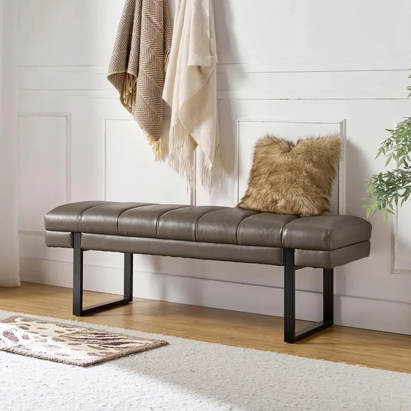 

HULALA HOME 53" Button Tufted Ottoman Bench Faux Leather Upholstered Bedroom Bench Padded End of Bed Bench