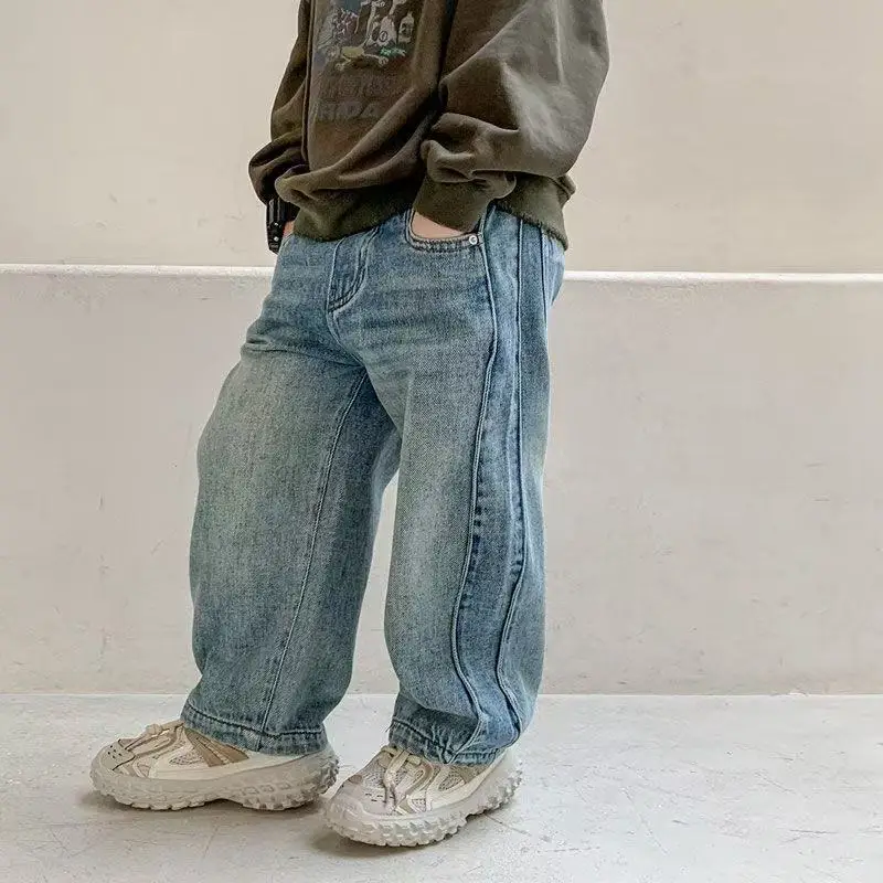 

Новинка 2023 года, джинсы для мальчиков, прямые брюки в стиле ретро для детей, 90-150 см, корейская версия весенне-осенних детских штанов для мальчиков