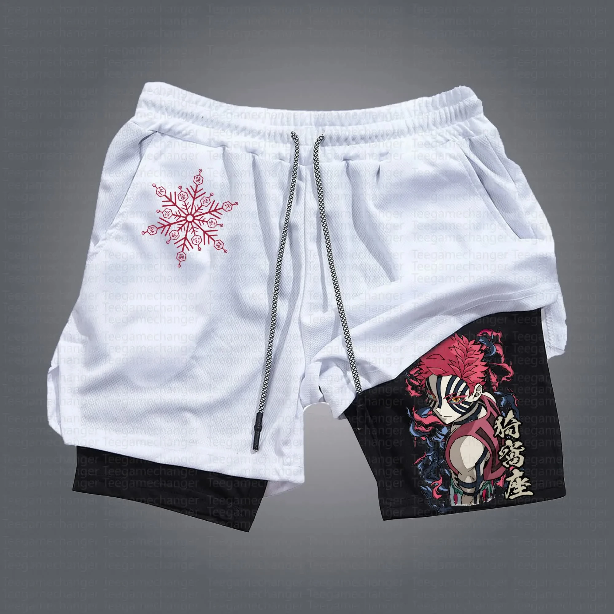 

Demon Slayer White Training Shorts Akaza Character Print with Red Snowflake Black Inner Lining Red Black Hair Pattern