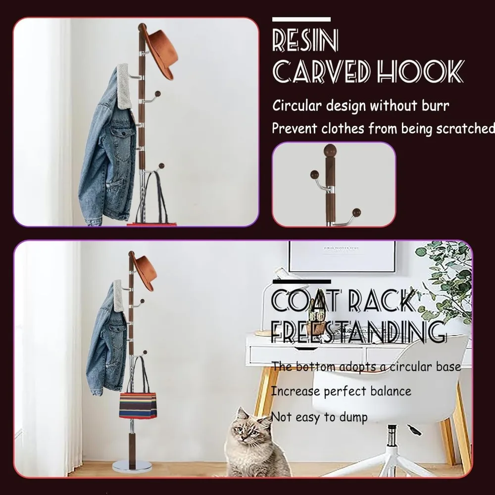 رف معطف قائم بذاته على شكل شجرة قابل للتعديل للمنزل وغرفة النوم مع قاعدة مستديرة ثابتة وبناء خشبي طويل الأمد #3