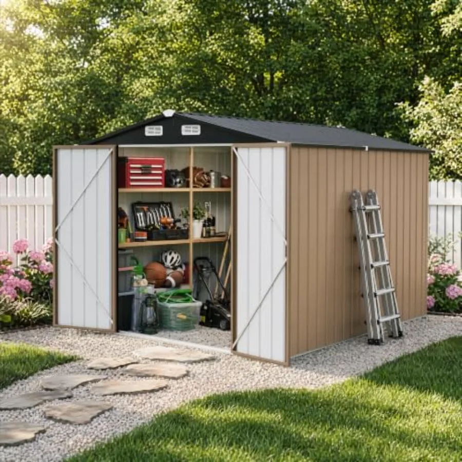 Outdoor storage for backyard patio: heavy duty galvanized steel, gray, double lockable doors, gable roof air vent, 8 x 10 feet