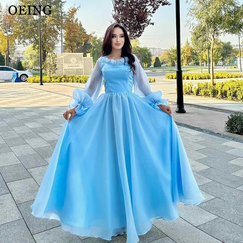 

OEING Ruffles Long Sleeves Evening Dresses Simple Princess Organza Formal Prom Dress Tulle Floor Length Party Gowns Formal