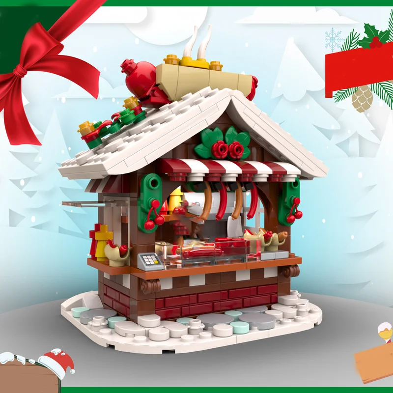 398pcs MOC Christmas Hot Dog Stall Instructions Winter Village Seasonal Model Building Blocks Design Collection Parts Toy Gift