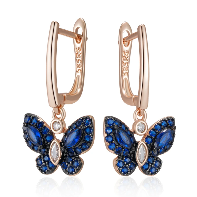 Kinel Hot Blue Natural Zircon Butterfly Drop Earrings For Women 585 Rose Gold and Black Plating Animal Daily Fine Punk Jewelry