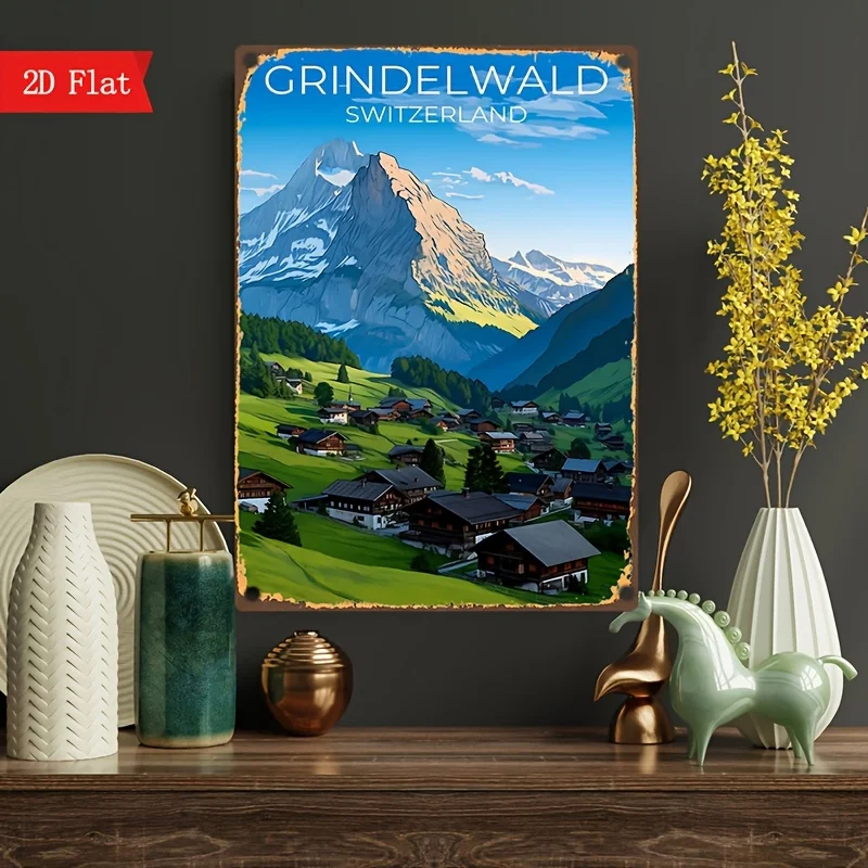 Grindelwald Schweiz Vintage Metall Blechschild, Retro Eisen Wandkunst, rustikale Hausgarten Bar Bauernhof Büro Dekor, Kunstmalerei