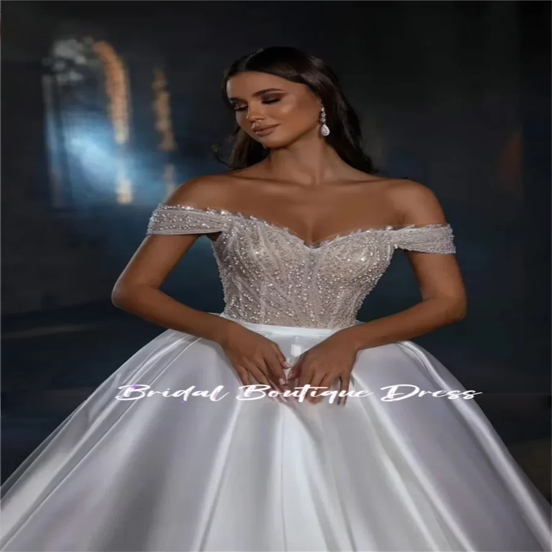 تخصيص أناقة الكتف الساتان دبي فساتين الزفاف Vestido De Noiva ألف خط التألق الدانتيل الخرز فساتين زفاف مثير