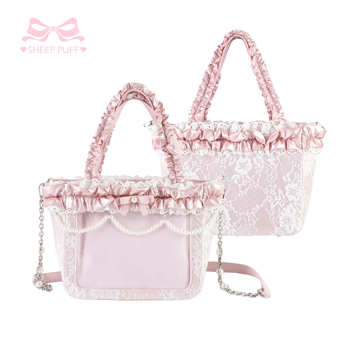 

Japanese Original Lolita Lace Satin Edge Cute Bow Pearl Chain Shoulder Bag Sweet and Cute Large Capacity Lolita Shoulder Handbag