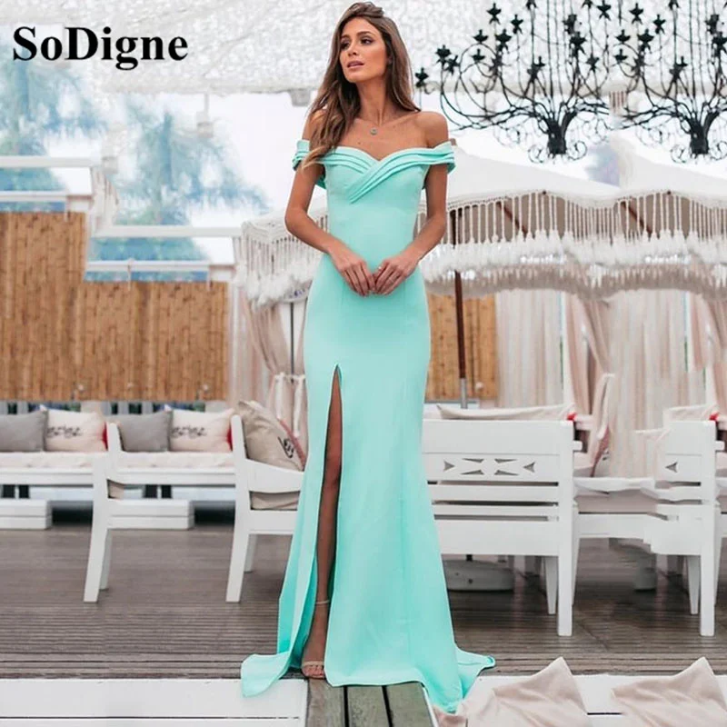 

SoDigne Sky Blue Women Prom Dresses Weddings 2023 Off The Shoulder Mermaid Formal Dress Side Split Elegant Party Dresses Women