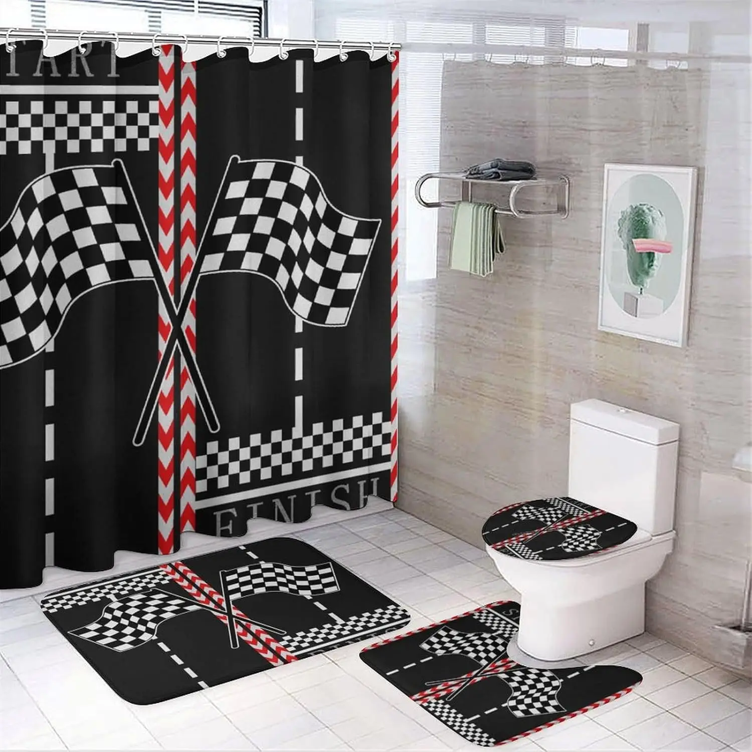 Modern Racing Car for Bathroom Shower Curtains Sets with Rugs 4Pcs,Teens Extreme Sports Theme Race Car Start&Finish Checkered