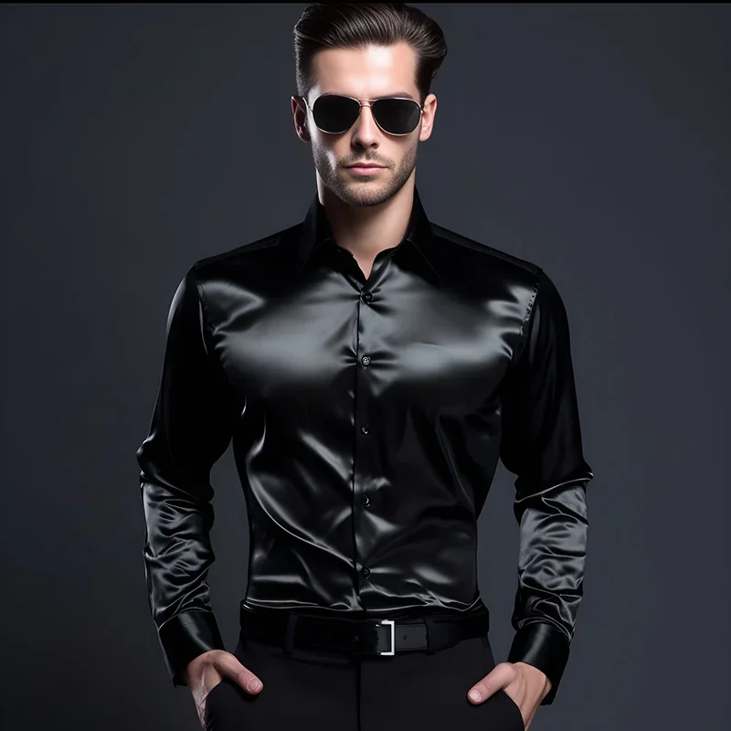 New Men\'s Satin Bundy Fashion Shirt Lapel Long Sleeve Ice Silk T-shirt