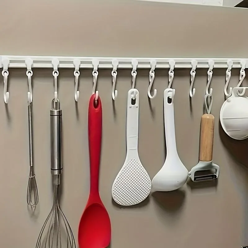 

1Set Easy-Install Kitchen Storage Rack with Sliding Hooks No Drilling Required- Adhesive Backing Kitchen and Home Storage Hooks