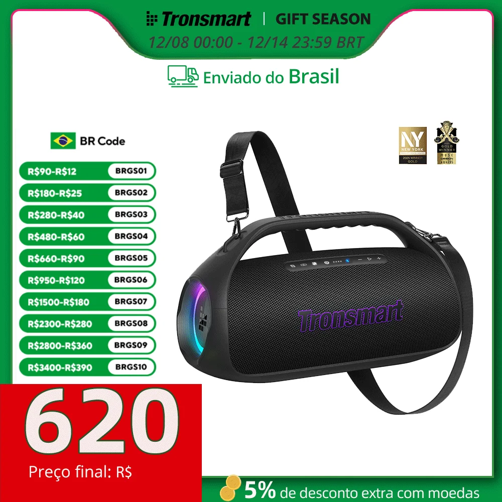 Tronsmart Caixa Som Bluetooth Bang 2 Alto-falante portátil sem fio Bluetooth com 90 W, clareza de 2.1 canais, 26 horas de reprodução, alto-falantes Snyc 100