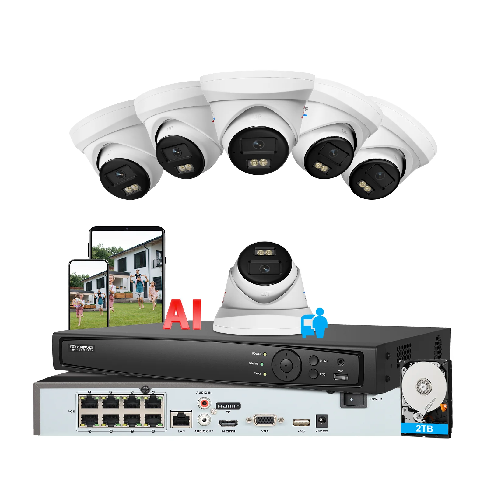 Anpviz 8CH 12MP PoE Security Camera System 6pcs H.265+ Wired 12MP IP Cameras Color Night Vision 12MP PoE NVR for 24/7 Recording