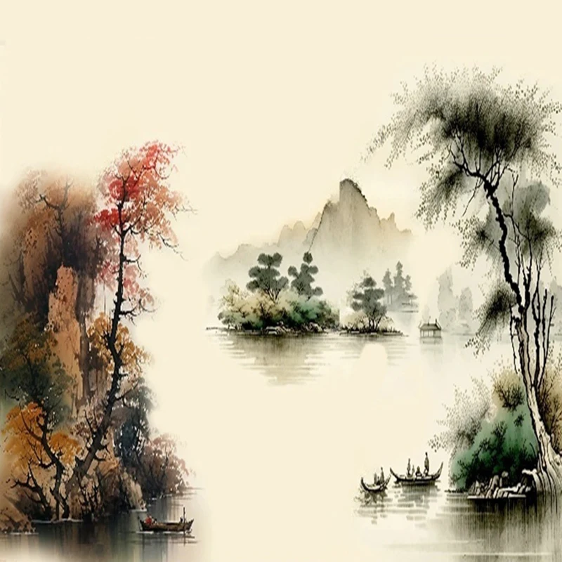 Chinese Style Hand-Painted Ink Landscape Custom Murals Wallpapers Background Wall Art Decor Interior Wall Coverings