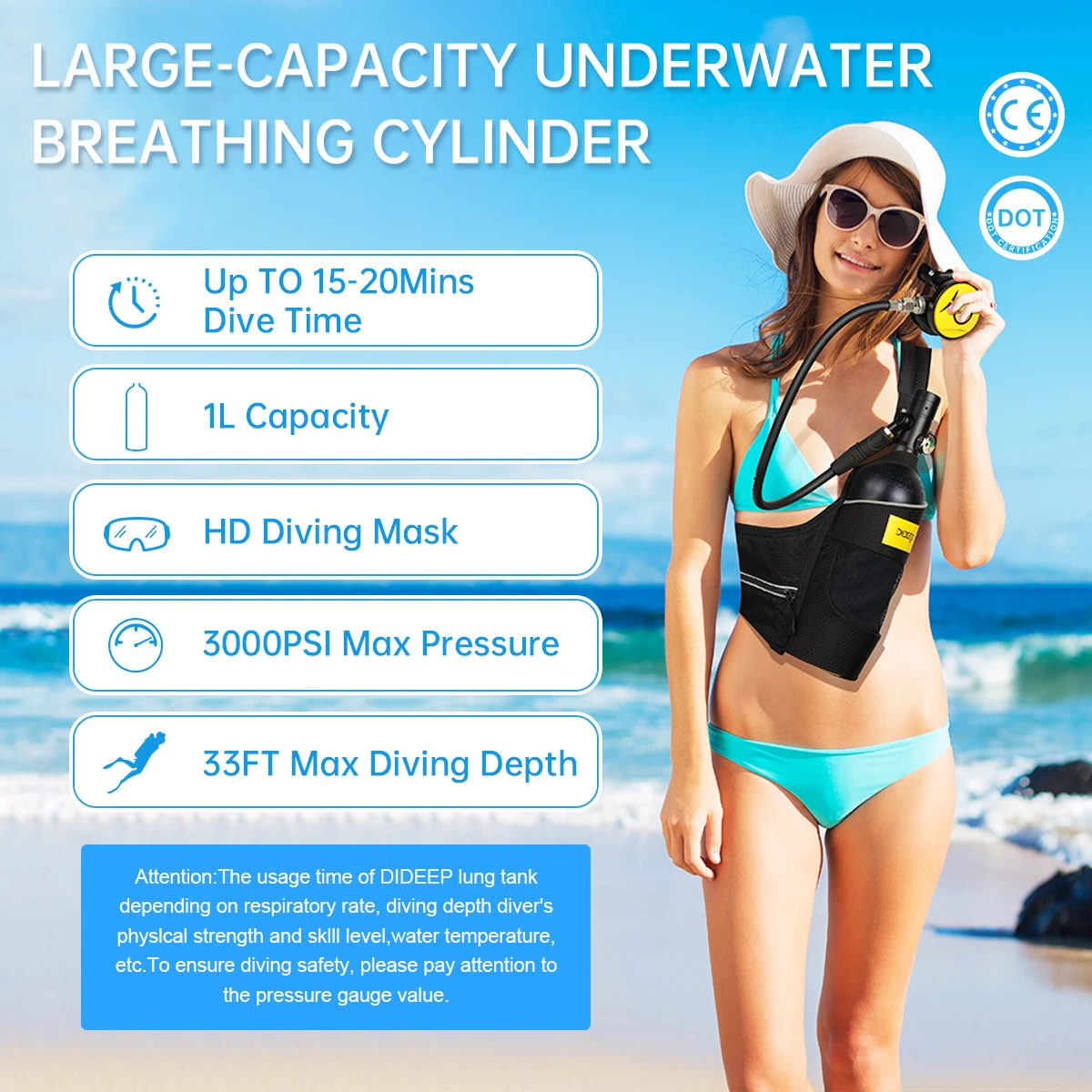 DIDEEP 1Liter Mini Scuba Diving Tank Set, 15-20Mins Underwater Diving Cylinder, Easy to Use, Portable Lungs Bottle with 3000 PSI,Summer Diving for Cooling off ,Suitable for Outdoor Activities and Travel,Summer Diving for Cooling off ,Suitable for Travel