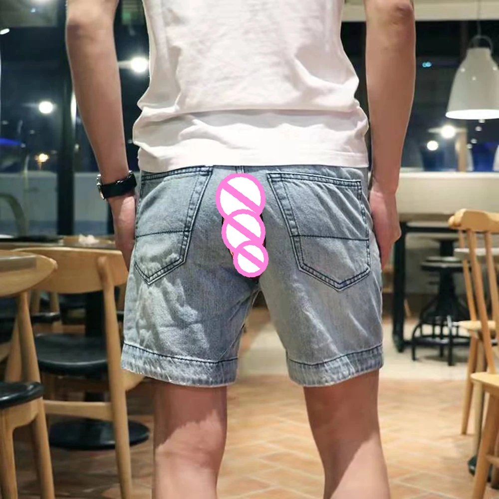 Invisible Open Crotch Outdoor Sex Summer Men's Jean Shorts Streetwear Retro Casual Straight Leg Jeans Erotic Pants Three Points