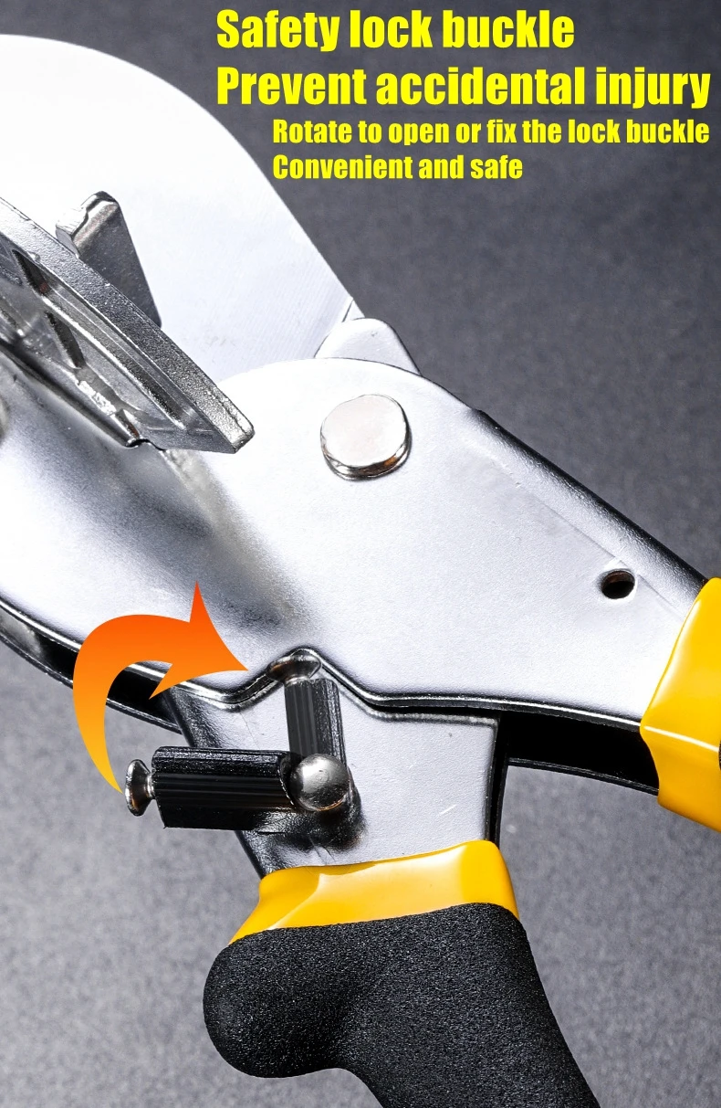 Scharfe Multi-Winkel-Gehrungsschere, verstellbar von 45 bis 135 Grad mit Sicherheitsverriegelung, Handwerkzeug zum Schneiden von Kunststoff, PVC-Profilen – Detail 10