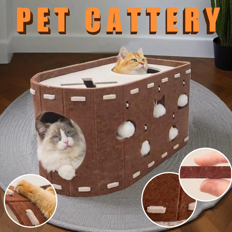 

Luxury Multi Level Cat Scratcher Apartment Fiberboard Tower with Fluffy Ball Hanging Puzzle Box Aesthetic Cat Activity Center