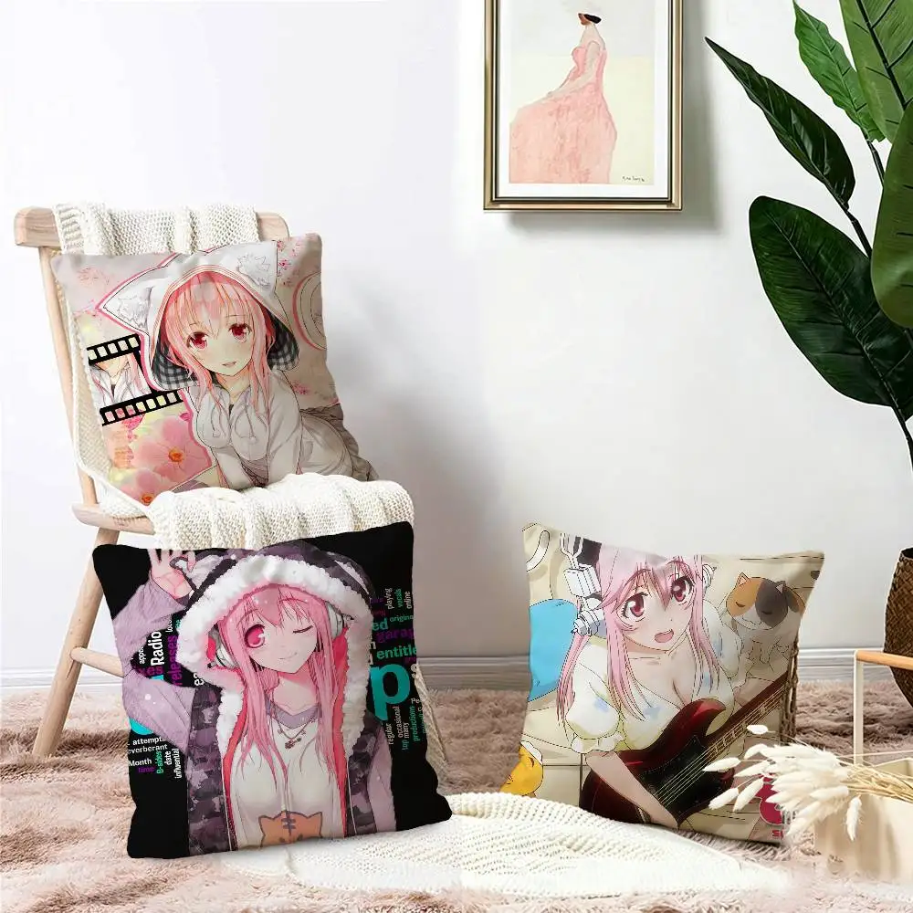 S-Super Sonico Pillow Covers Cartoon Sofa Decorative Home Double-sided Printing Short Plush Cute Cushion Cover