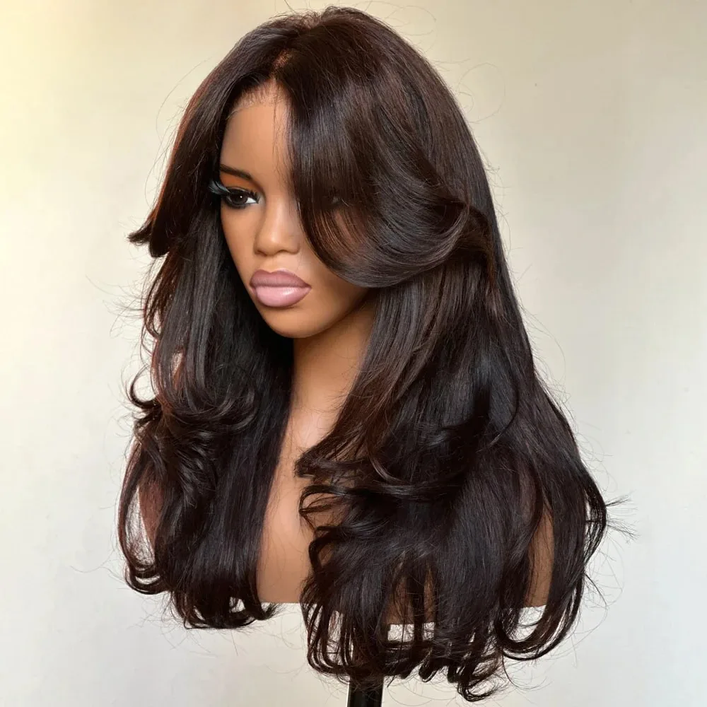 Layered Lace Front Wig Chestnut Brown Wig with Bangs Invisible Transparent 13x4 HD Lace Front Wig Synthetic  Wigs For Women 20''