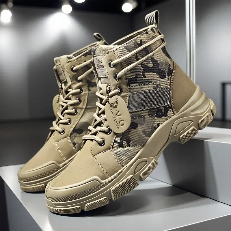 Mid-top Lace-up Men's Combat Boots Street Fashion Casual & Versatile Motorcycle Boots Outdoor Camouflage Hiking & Trekking Boots