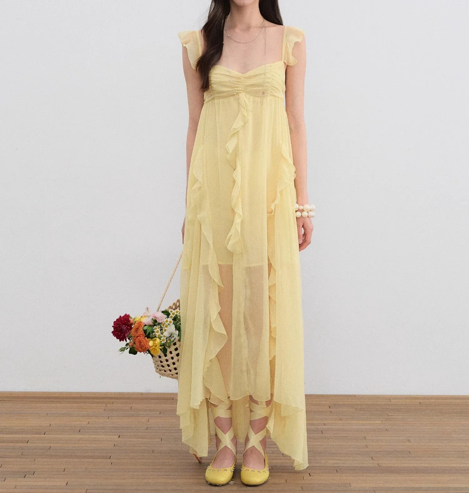 

Yellow Dress Women Summer Strapped Backless Sleeveless Elegant Vestidos Bodycon Streetwear Chic Cloth Lady Ruffles