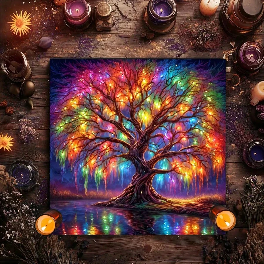 50/75/110cm Mystic Tree Of Life Crystal Tarot Tablecloth Moon Phase Floral Altar Cloth Oracle Card Pad For Party Games Astrology