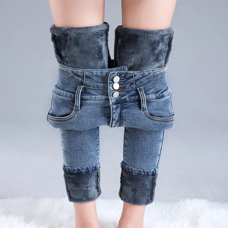 Women Thermal Jeans Winter Snow Warm Plush Stretch High Waist Jeans Lady Skinny Thicken Denim Retro Blue Pants Mom Sexy Trousers