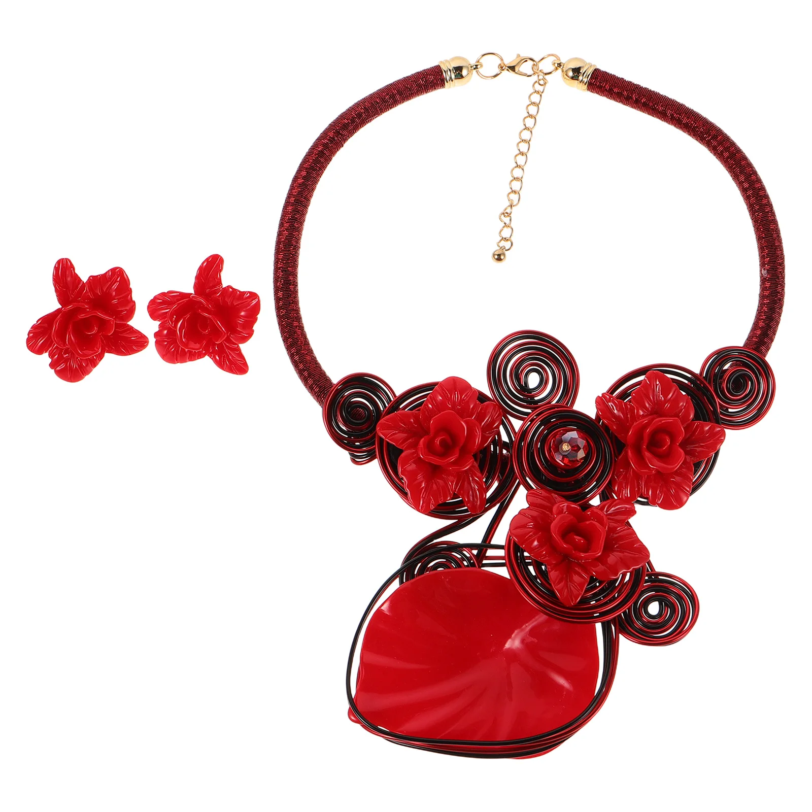 

1Set Flower Jewelry Set Vibrant Resin Bloom Chunky Bib Necklace Ear Studs Artistic Ethnic Style Statement Piece Comfortable