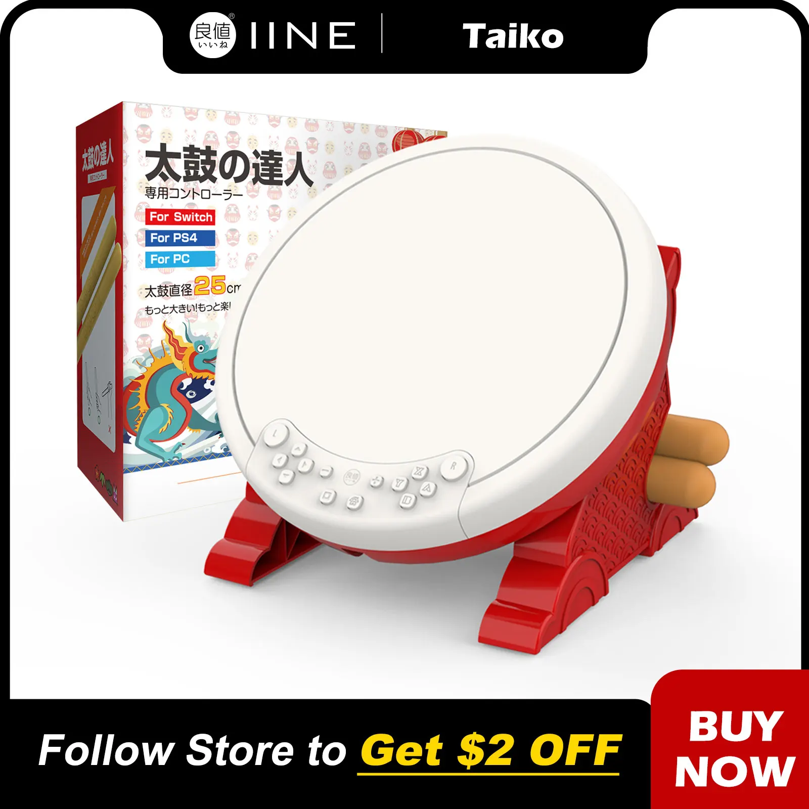 IINE Taiko Drum Master Compatível com Nintendo Switch, Lite, OLED