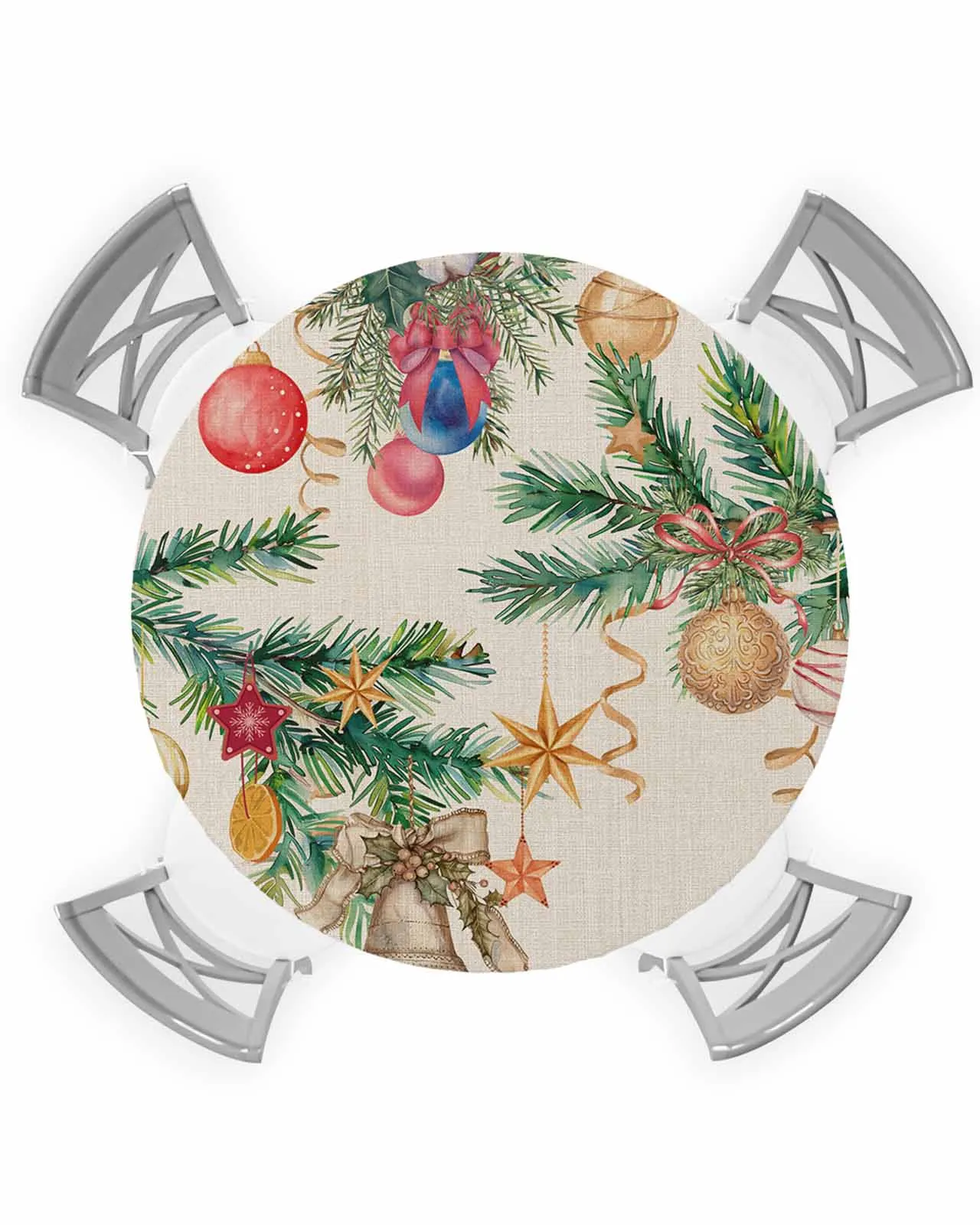 Lantern Ball Christmas Star Ribbon Round Elastic Edged Table Cover Protector Cloth Waterproof Fitted Tablecloth