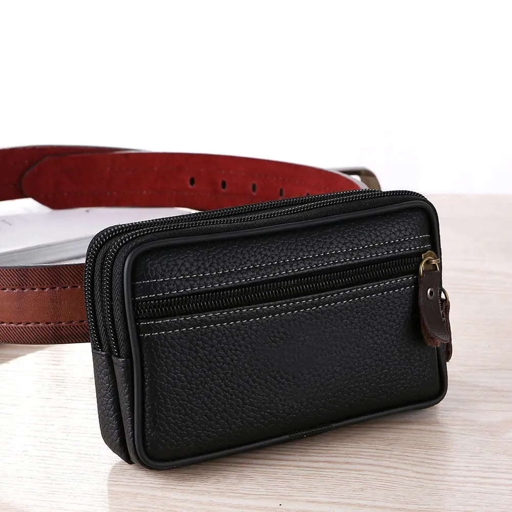 Multi-Function Men Waist Bag PU Leather Double Layer Zipper Mobile Phone Card Bag Packs Belt Messager Shoulder Bag Purse Pocket