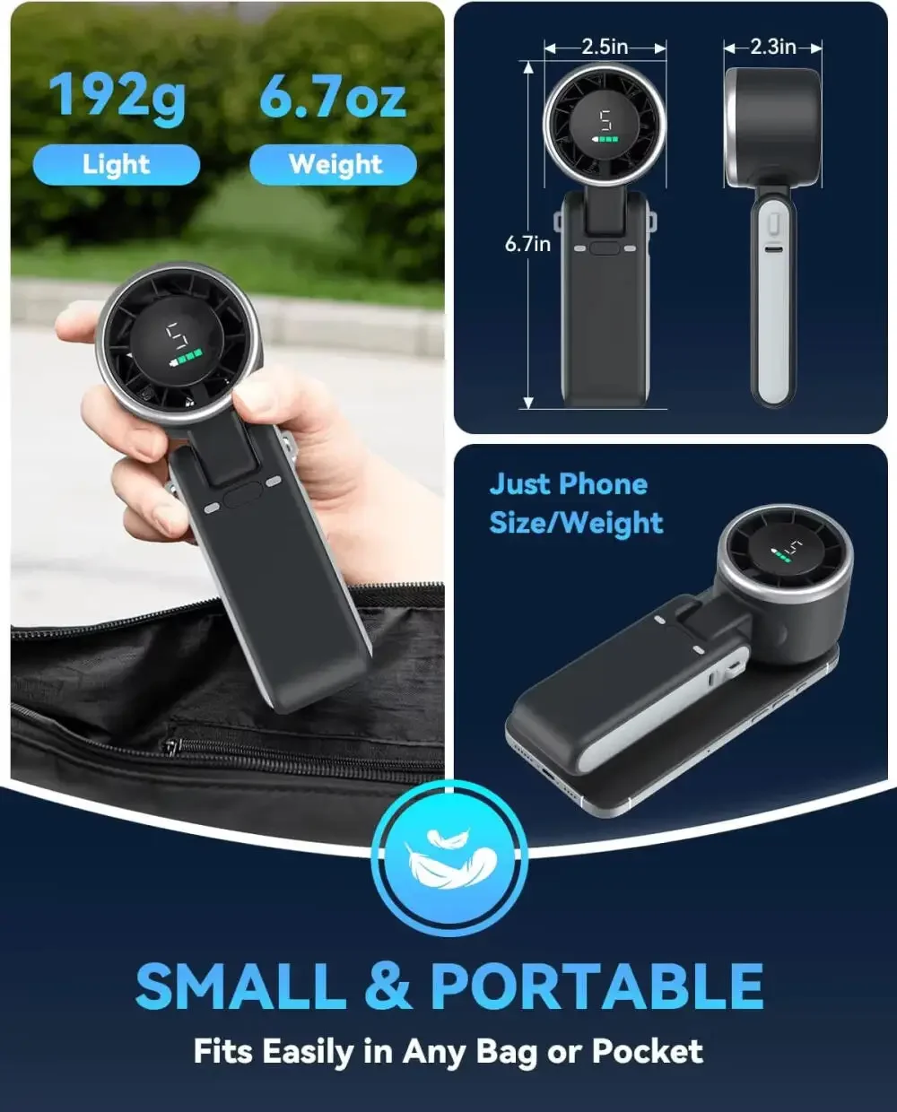 3-in-1 Fan, 5-speed, Portable Foldable Handheld Fan, USB Rechargeable Lithium Battery, USB Charging, Travel Mini Fan