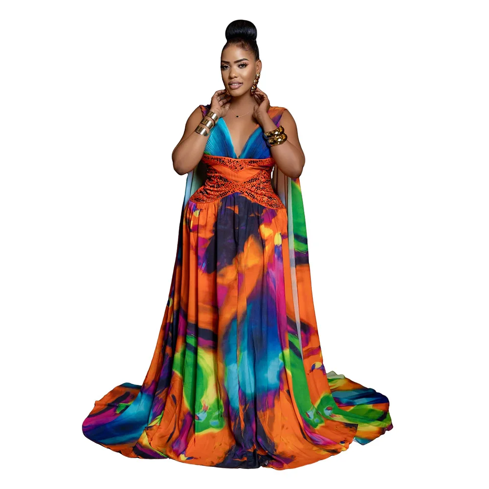 

Dashiki African Party Evening Dresses for Women Autumn Elegant African Sleeveless V-neck Printing Long Maxi Dress Gowns Outfits