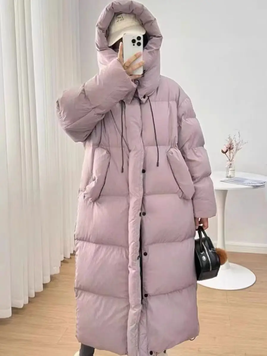 Imagem -06 - Cabolsa Longo Acolchoado Feminino Jaqueta de Penas de Pato Branco Cabolsa Extragrande com Capuz Coreano Puffer Leve para Mulheres Novo w