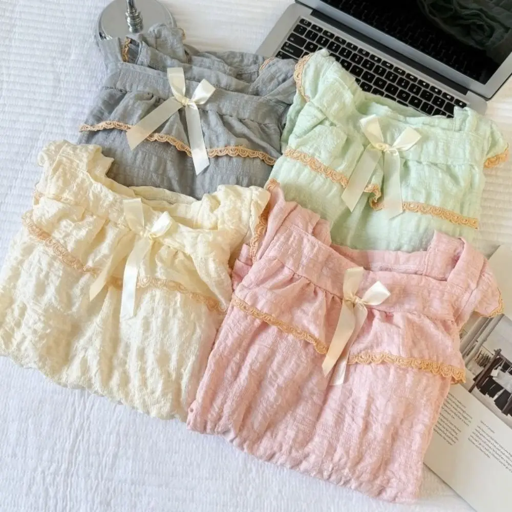 

Casual Bowknot Sweet Pajamas Set Loose Summer Camisole Shorts Nightdress Homewear with Bra Pad Sleeveless Nightwear Sleep