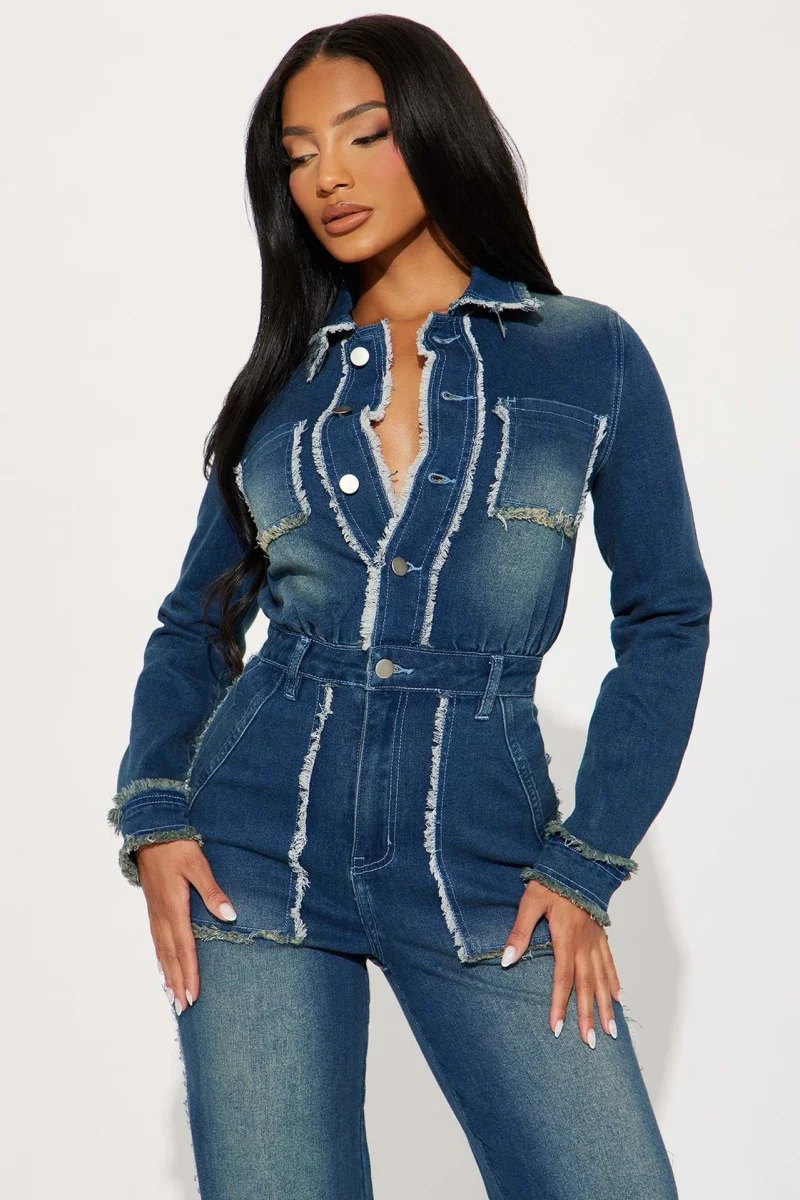 

Fashion Denim Jumpsuits Spring Clothes Women Long Sleeve Big Pockets Straight Jeans Rompers Playsuits One Pieces Outfit Overalls