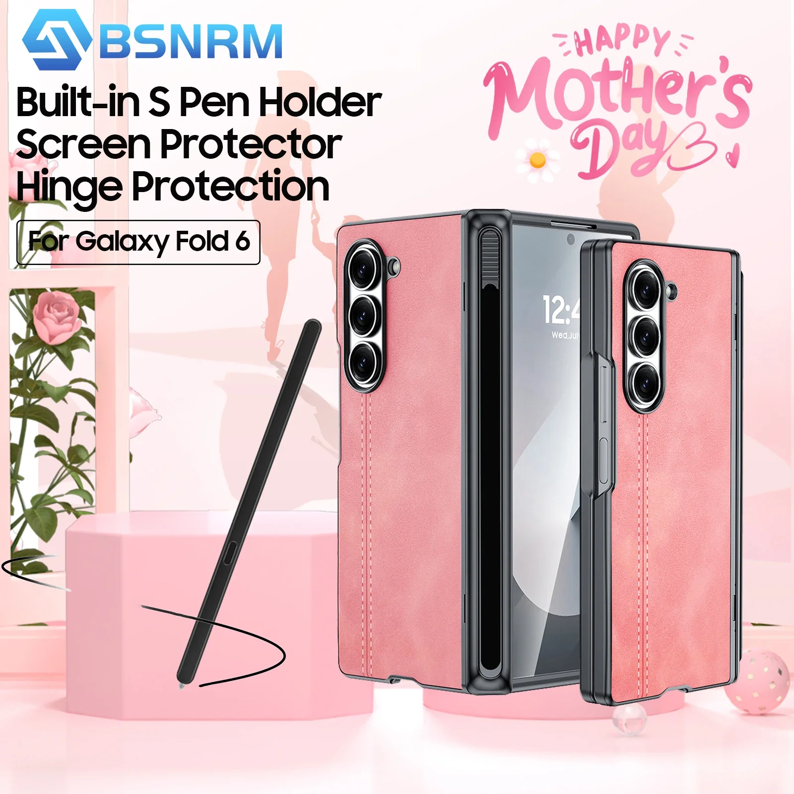 

Pink PU Leather Z Fold 6 Phone Case with S Pen Holder - Hinge & Screen Protection for Samsung Z Fold 6