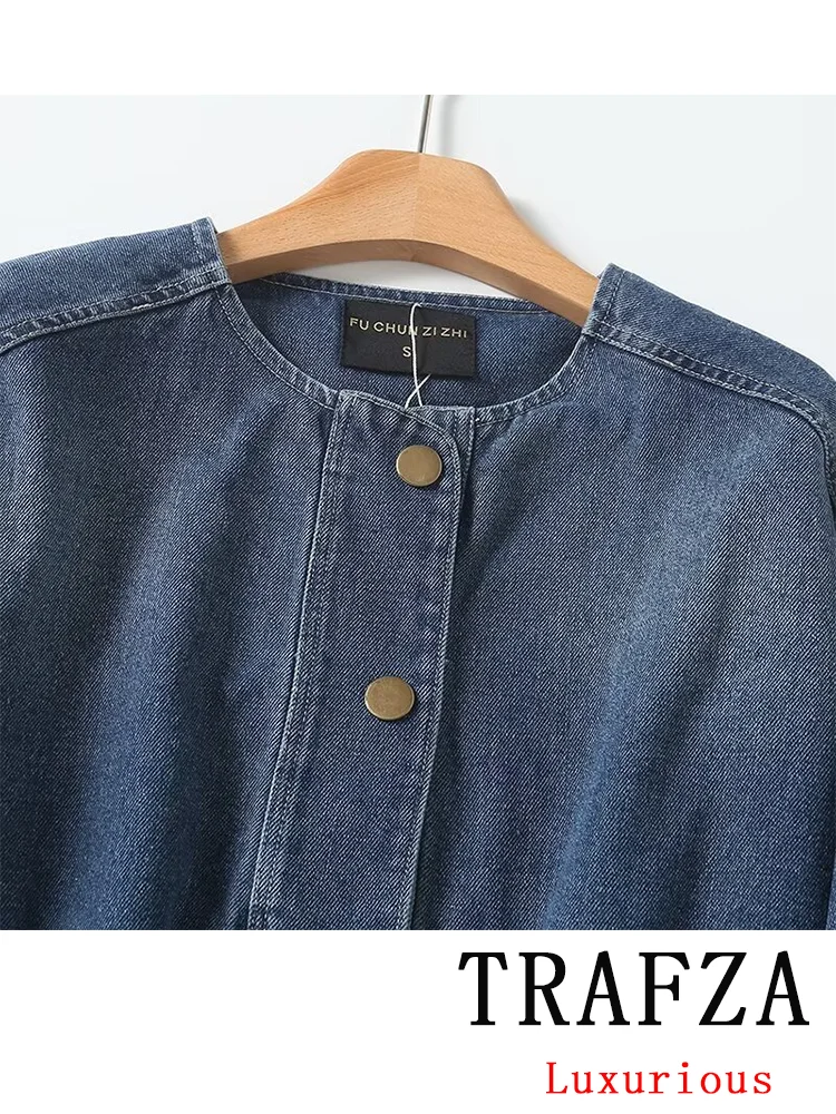 TRAFZA Vintage Casual Women Jackets Denim Loose Short O-neck Jacket Long Sleeve Coats New Fashion 2024 Holiday Elegant Top