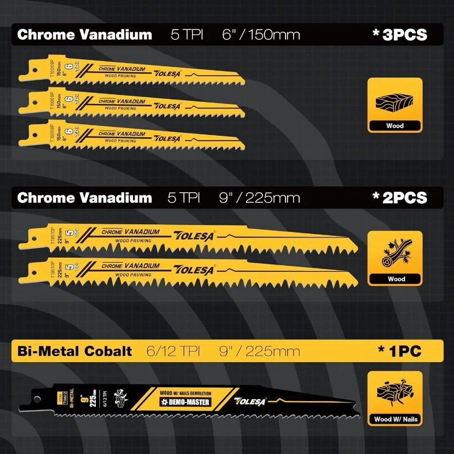 13-delige reciprozaagbladenset met hardmetalen en bimetalen messen voor het efficiënt zagen van hout, snoeien van hout met spijkers Thi