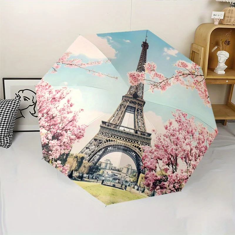 

Eiffel Tower Parisian Cherry Blossoms Automatic Folding Umbrella - 8-Rib Sturdy Iron Frame, Compact Travel Umbrella with Paris
