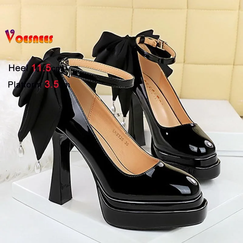 

Женские туфли на очень высоком каблуке 11,5 см, непромокаемые женские туфли-лодочки на толстой подошве с бантом и ремешком на одном слове, женские туфли-лодочки с неглубоким носком