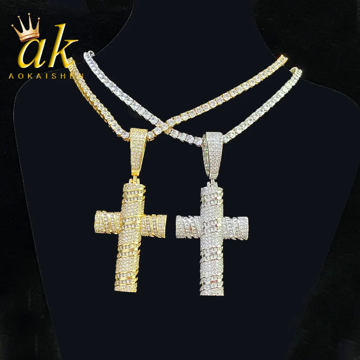 

Aokaishen Iced Out Necklace for Men Cross Prong Setting Pendant Real Gold Plated Cubic Zirconia Charms