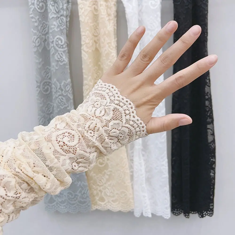 Mangas de seda de hielo de encaje Anti-UV, aislamiento UV, protección solar, fundas para brazos, guantes de manga larga, guantes de ciclismo al aire libre
