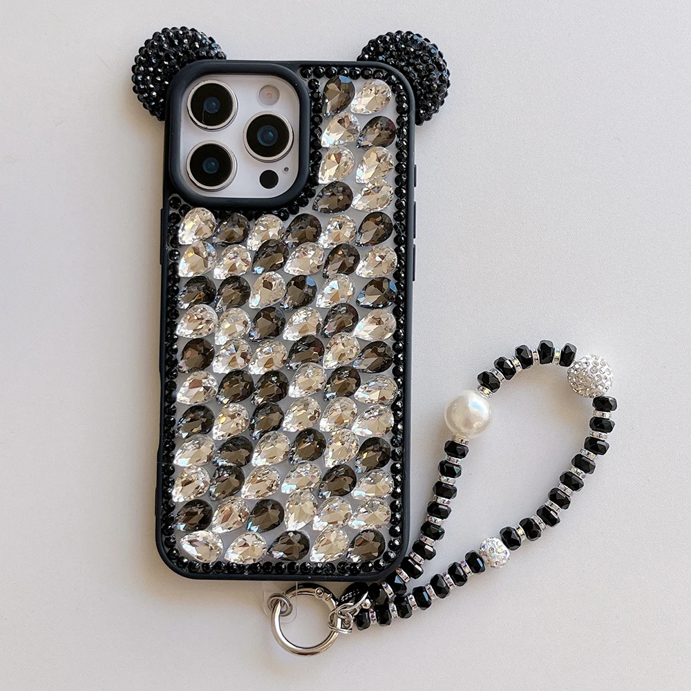 Urocze etui na telefon z uszkami 3D, zdobione diamentami, kryształkami i brokatem, do iPhone'a 17 Air 16 15 14 13 Pro Max, odporne na wstrząsy, stylowe etui na tył telefonu. — zdjęcie produktu 2