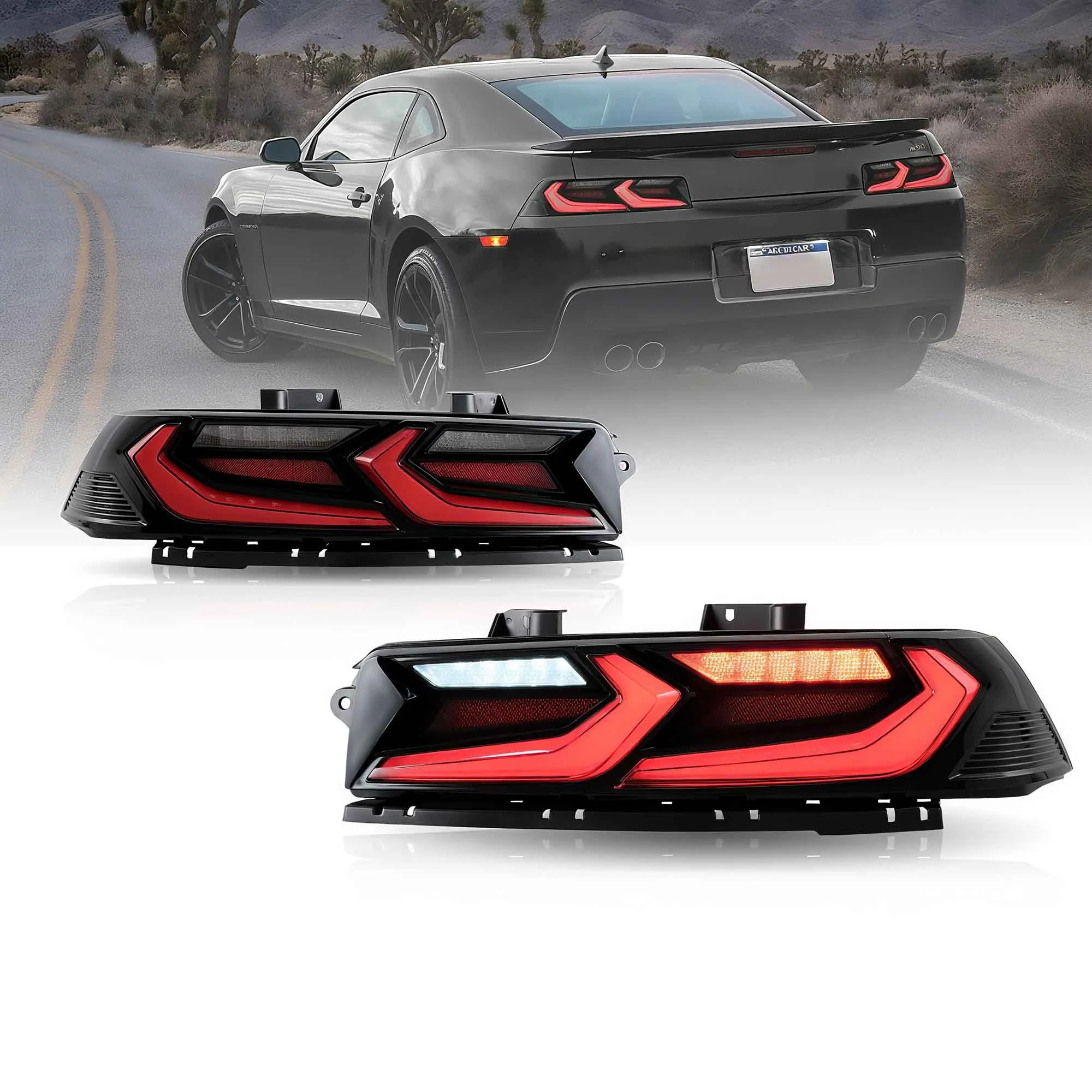 Image of 2 Stück LED-Rückleuchten für Chevrolet Chevy Camaro 5. Generation 2014-2015, dynamischer sequenzieller Blinker in Amber, DRL, Brems- und Rückfahrleuchte, direkte Montage, Plug-and-Play, IP67