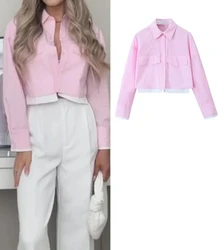 Women's Fashion Patchwork Long Sleeve Shirt Casual Short Street Style Button Decorative T-Shirt
