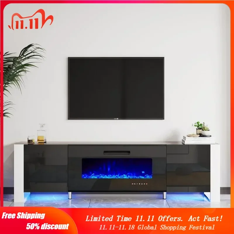 

Fireplace TV Stand 80" Modern High Gloss Entertainment Center LED Lights, U-Shaped Legs TV Console Cabinet for TVs Up to 90"