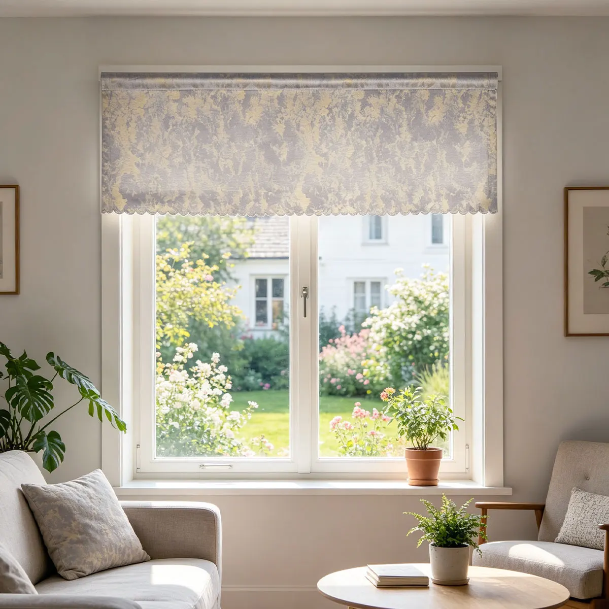 1Pc Elegant Gold Foil Velvet Window Valance, Blackout Scalloped Curtain Topper with Abstract Pattern